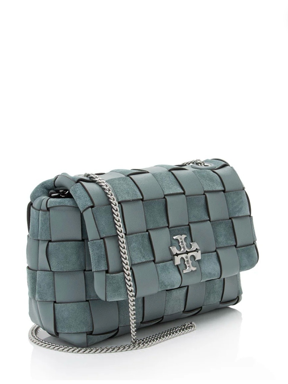 Tory Burch Small Kira Woven Leather-Suede Convertible Shoulder Bag-Arctic Blue